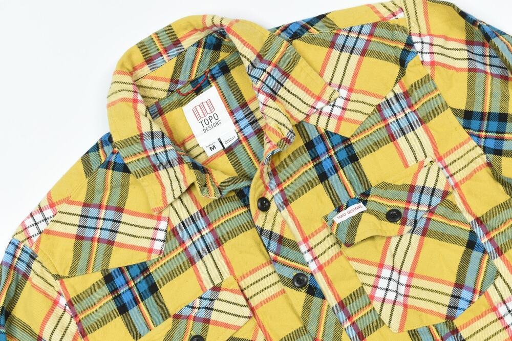 TOPO Designs Flannel Shirt Mens Medium Yellow Plaid Long Sleeve Button-Up Cotton